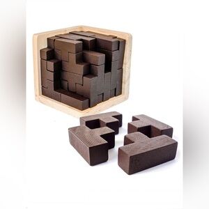 Wooden cube puzzle brain teaser toy kids adults stocking stuffer dark brown tan